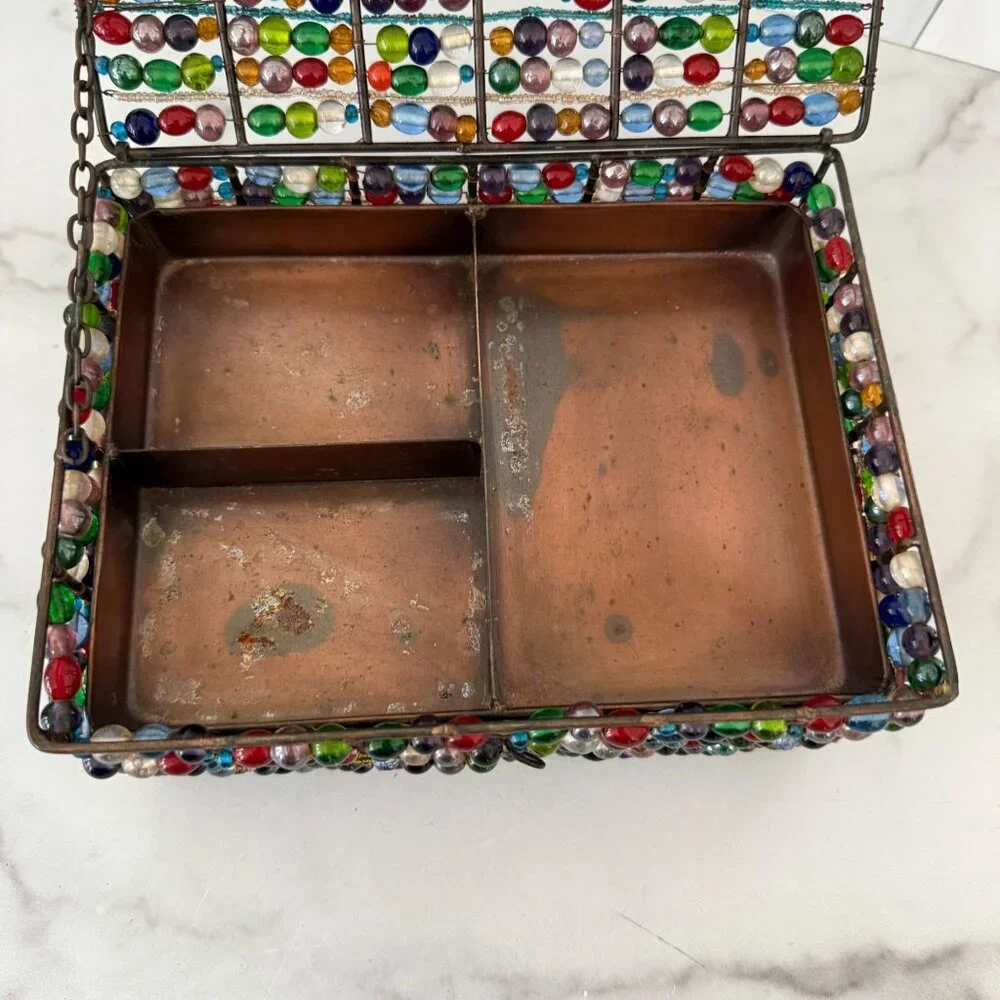 Vintage Multicolor Beaded Footed Jewelry Box Removable Copper Tray